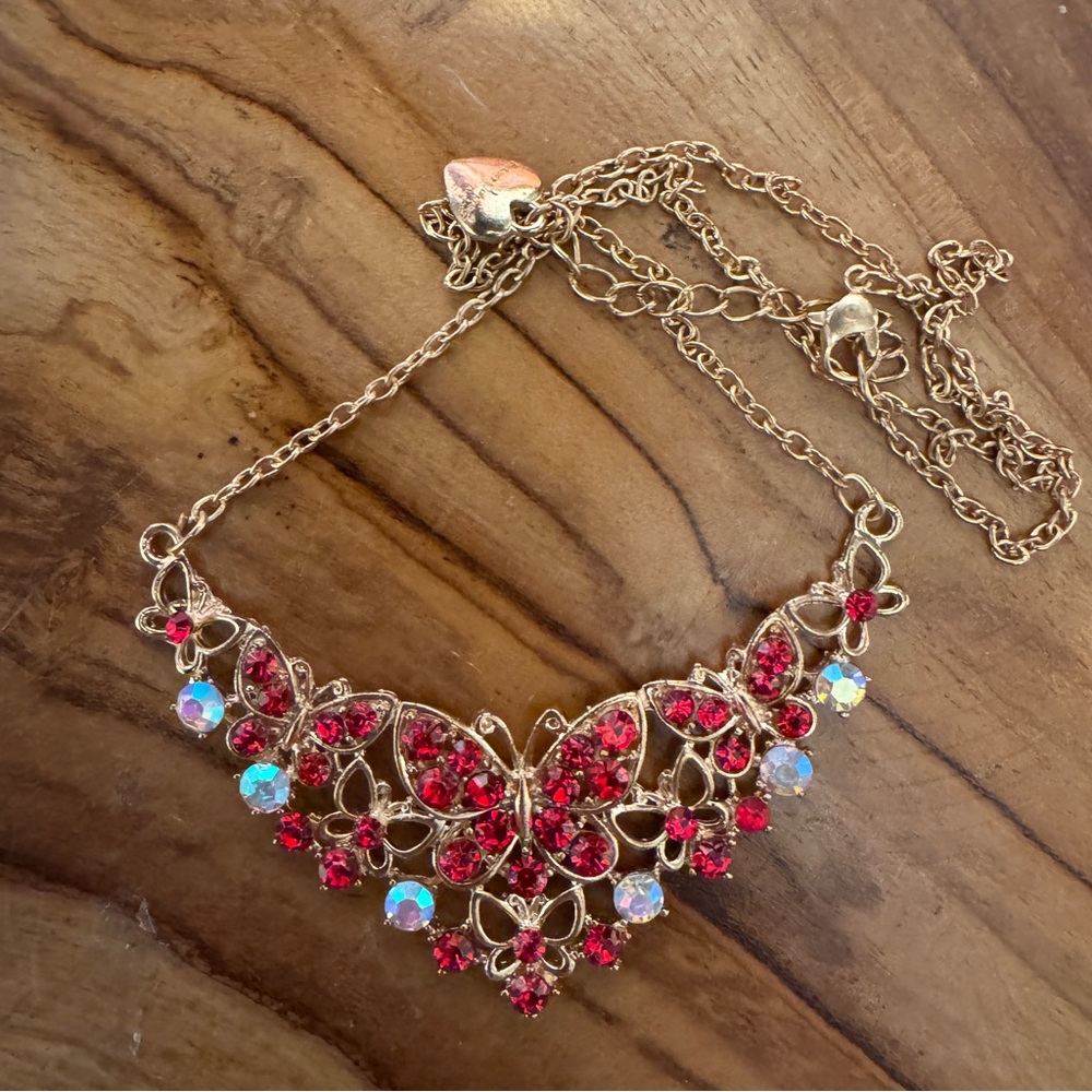 Betsey Johnson Gold Tone Red Iridescent Rhinestone Butterfly Statement Necklace
